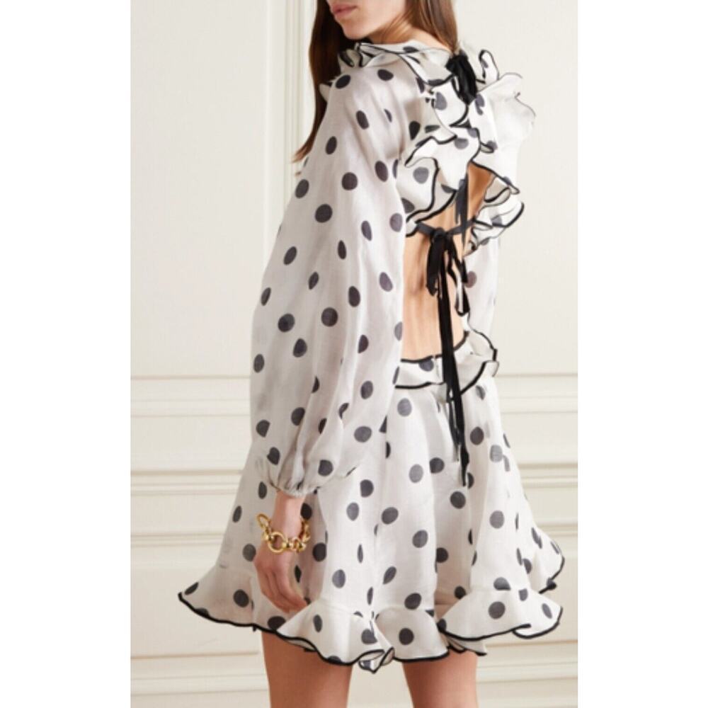 Zimmermann White and Black Polka Dot Ruffle-Back Midi Dress